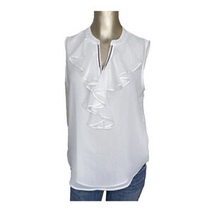 Tommy Hilfiger Blouse Top Women Medium White Ruffle Front V-Neck Costal Preppy